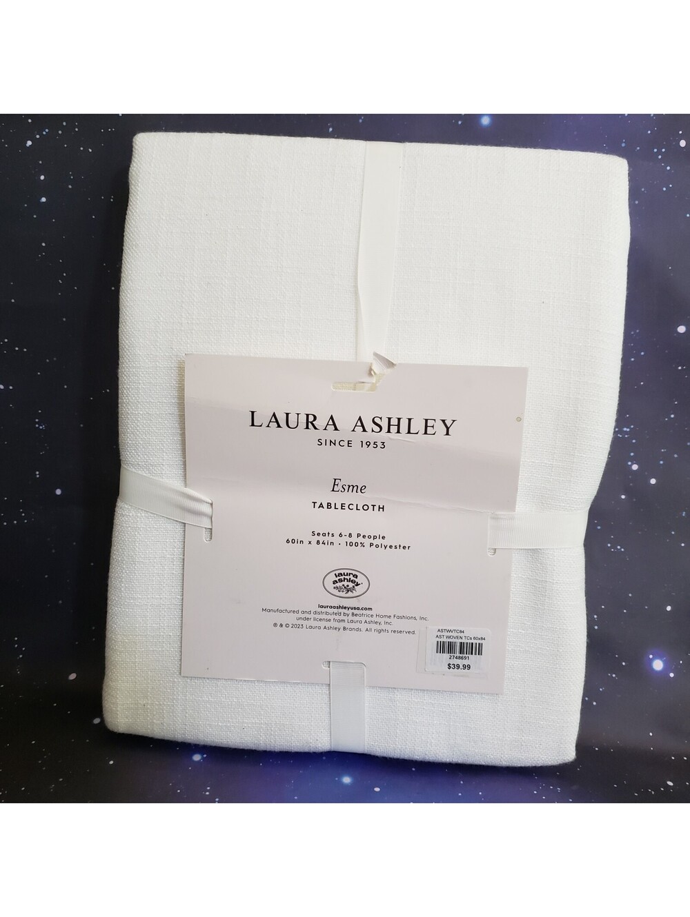 Laura Ashley Esme 60x84 inch Tablecloth White New 6-8 People